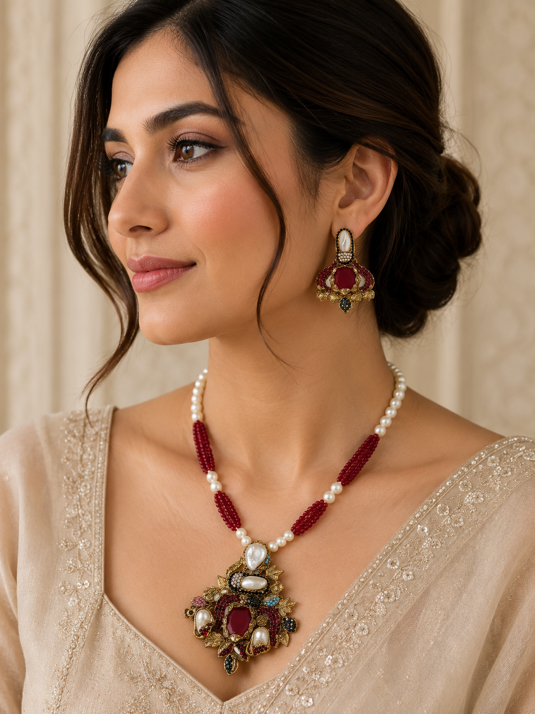 Antique D1-Model Turkish Pearl Necklace & Earring Set - D1 - Image 1