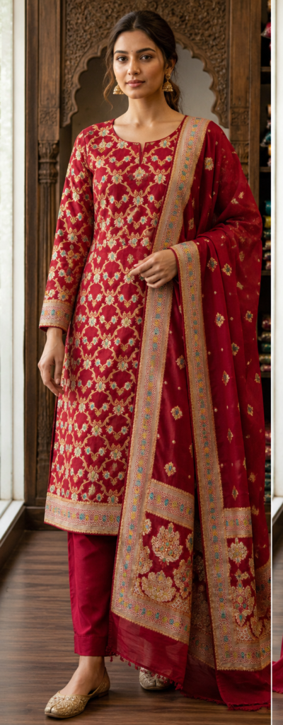 Pure Silk - Shirt & Dupata - Red color