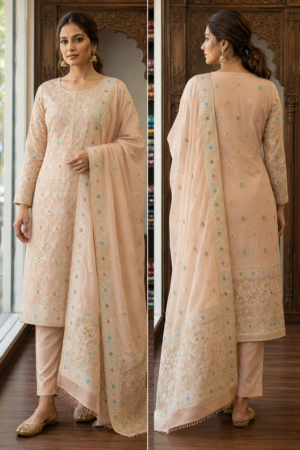Pure Silk - Two Piece -Shirt & Dupata -Peach Color -Butti Design
