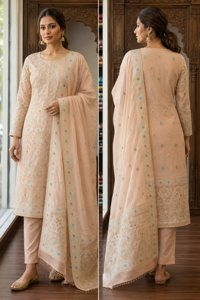 Pure Silk - Two Piece -Shirt & Dupata -Peach Color -Butti Design
