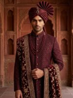 Embroidery  Shairwani Cloth- Maroon