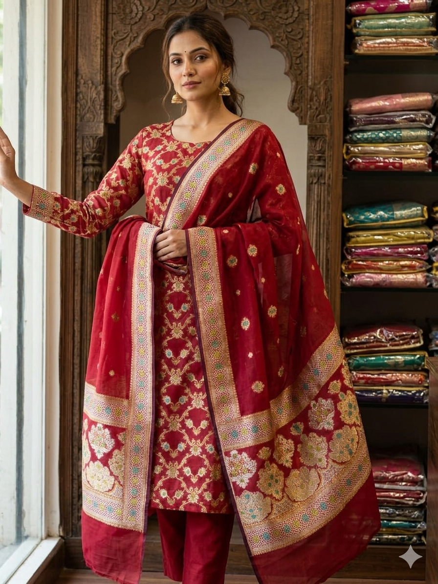Shirt&Dupata Pure Silk - Shirt & Dupata - Red Color