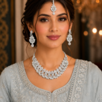 Necklace set with Earring and Matha Patti (Silver Platted-Spiral – Light Pink)