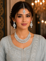Necklace set with Earring and Matha Patti (Silver Platted-Spiral – Light Pink)