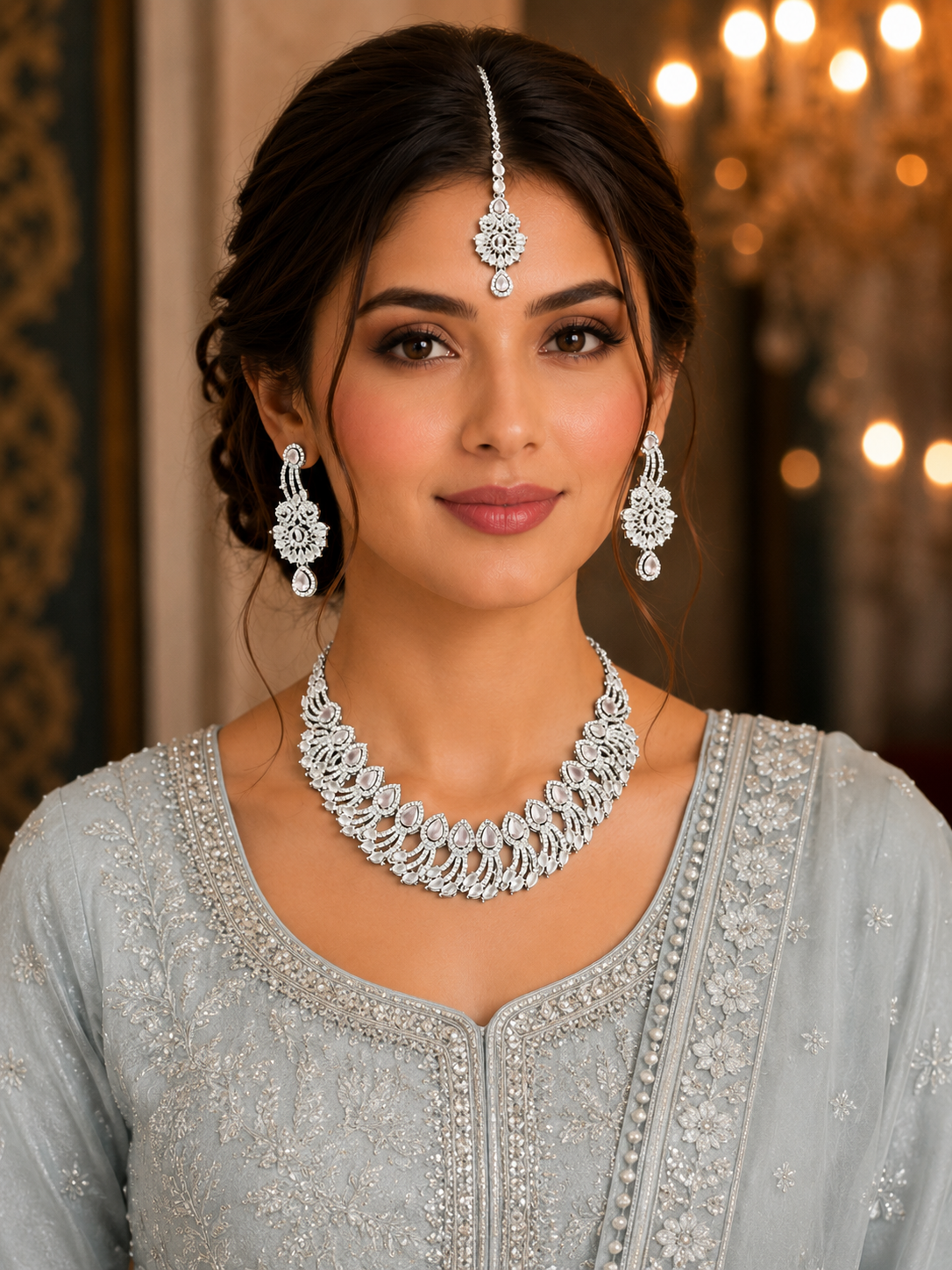 70ee5679-599f-4223-81b9-c73c7b9c20b9 Necklace set with Earring and Matha Patti (Silver Platted-Spiral – Light Pink) - Image 1