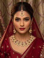 Necklace set with Earring and Matha Patti (Gold Platted - Maroon Stones)
