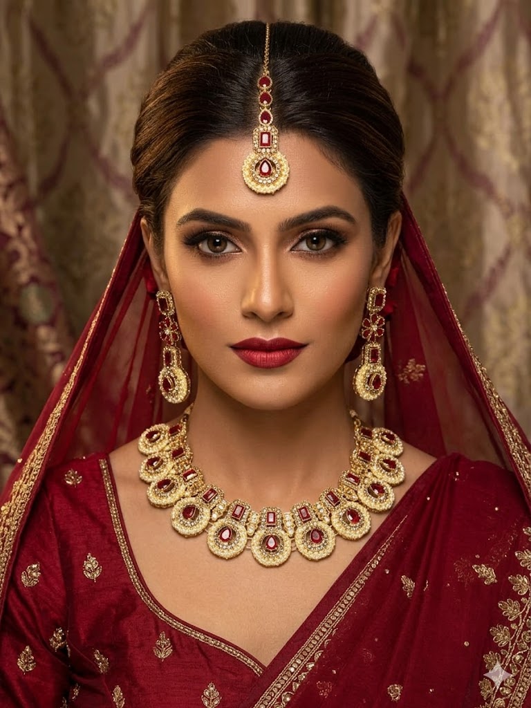 Necklace set - Maroon stones Necklace set with Earring and Matha Patti (Gold Platted - Maroon Stones) - Image 1
