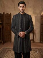 Embroidered Rao Silk Sherwani Cloth (Black)