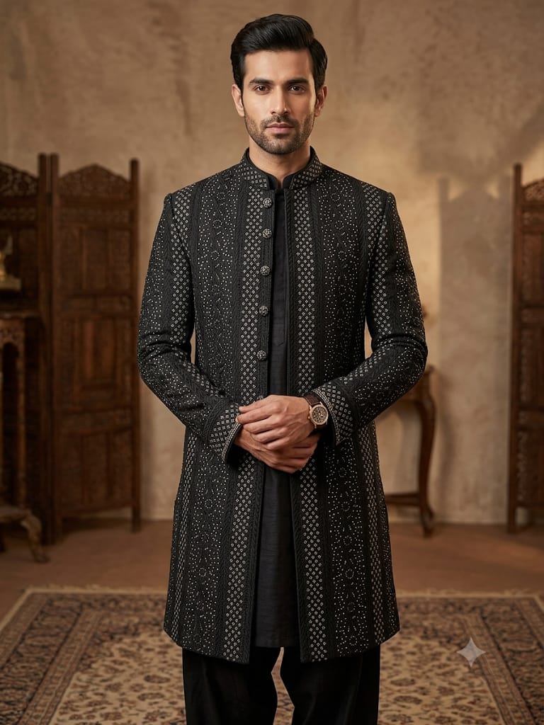Rao Silk Embroidery - Black-Model Embroidered Rao Silk Sherwani Cloth (Black) - Image 1