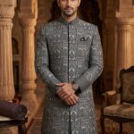 Embroidered Rao Silk Sherwani Cloth (Black & Silver)