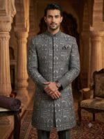 Embroidered Rao Silk Sherwani Cloth (Black & Silver)