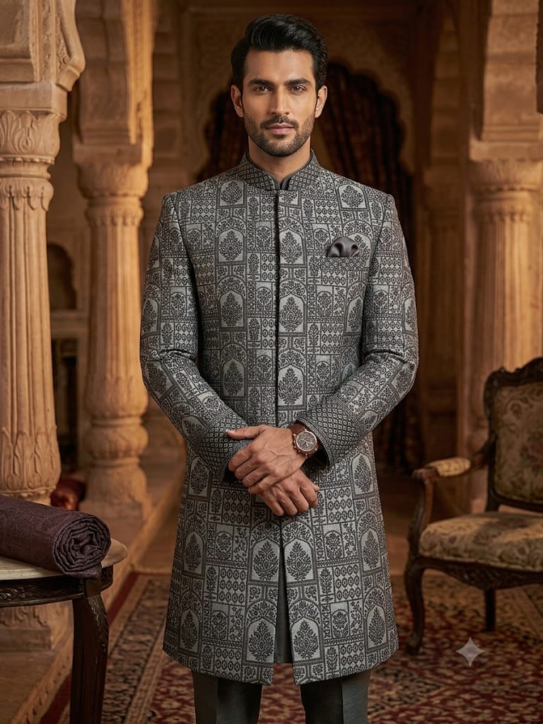 Embroidery Rao Silk - Black-Silver Embroidered Rao Silk Sherwani Cloth (Black & Silver) - Image 1