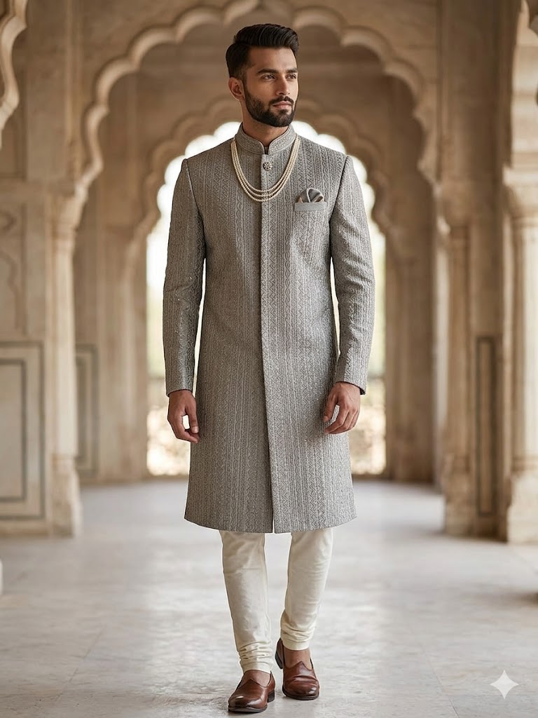 Embroidery Sherwani - Blue Black Embroidered Rao Silk Sherwani Cloth (Blue & Black) - Image 1