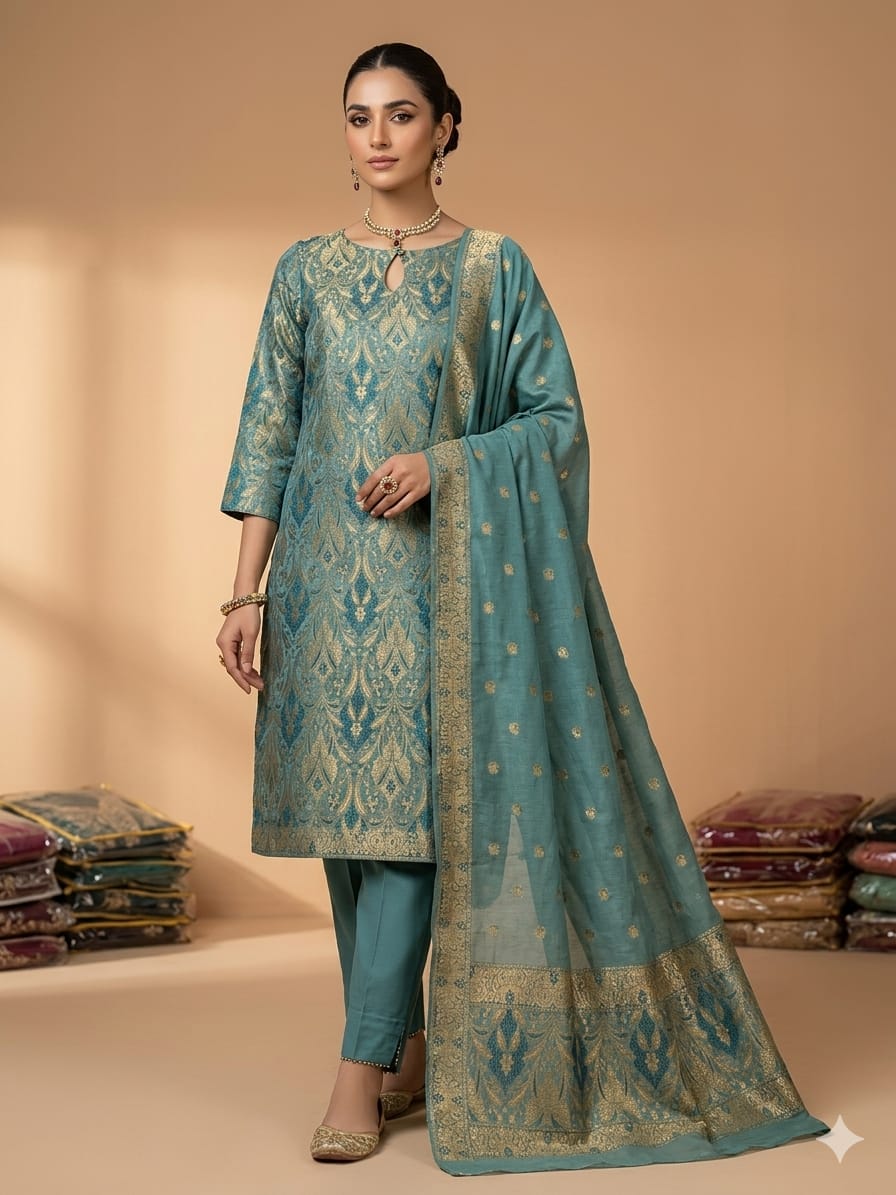 Atlas Crincle Chiffon - Blue Two-Piece Ladies Suit – Atlas Shirt with Chiffon Crinkle Dupatta (Blue) - Image 1