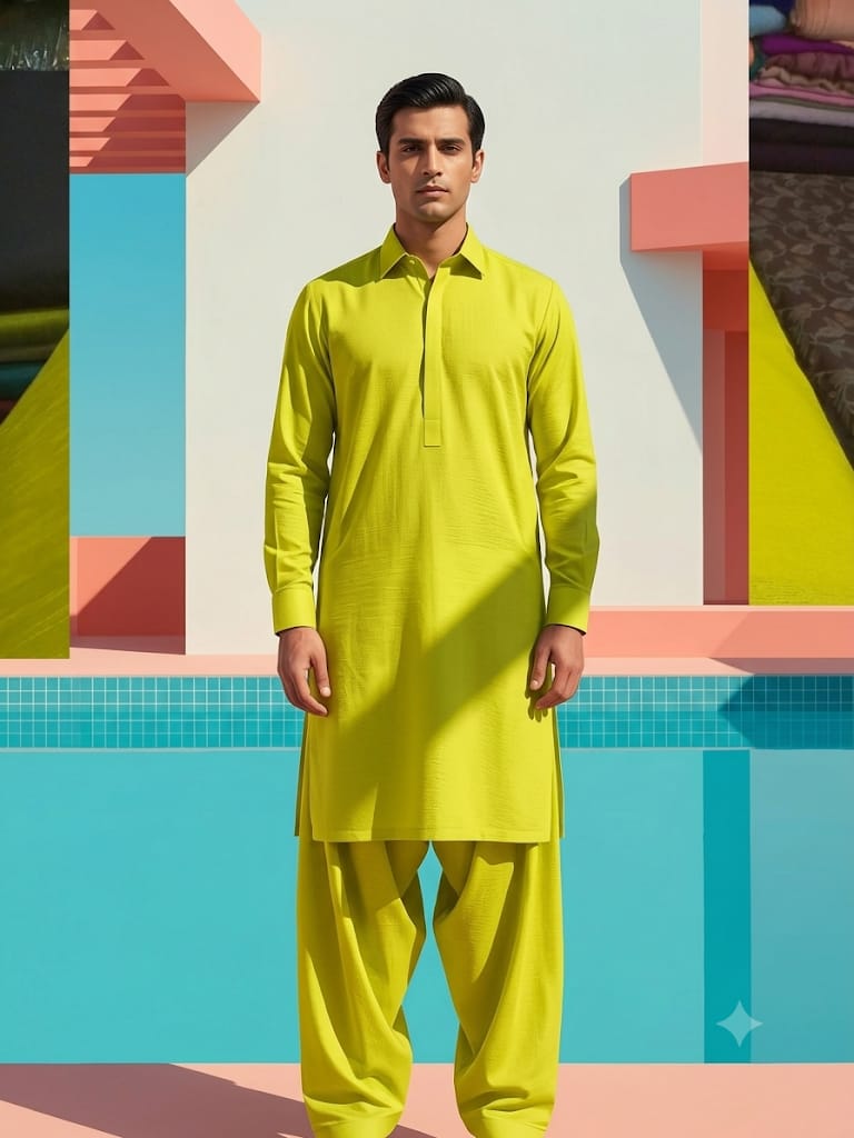 Dhani-Model - Shalwar Qameez Rao Silk – Shalwar Qameez Unstitched Cloth (Dhani Color) - Image 1