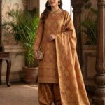 Three Piece Patyala Lawn Suit – Jamawar Style Lawn (Golden & Tea Pink)