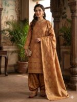 Three Piece Patyala Lawn Suit – Jamawar Style Lawn (Golden & Tea Pink)