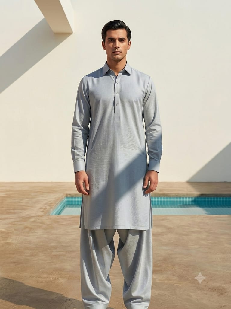 Gray Model - Shalwar Qameez Rao Silk – Shalwar Qameez Unstitched Cloth (Gray) - Image 1
