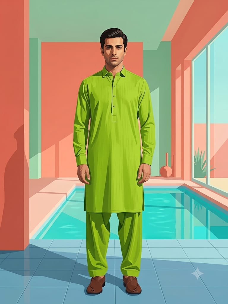 Green Model -Rao Silk Shalwar Qameez Rao Silk - Shalwar Qameez Unstitched Cloth (Green) - Image 1
