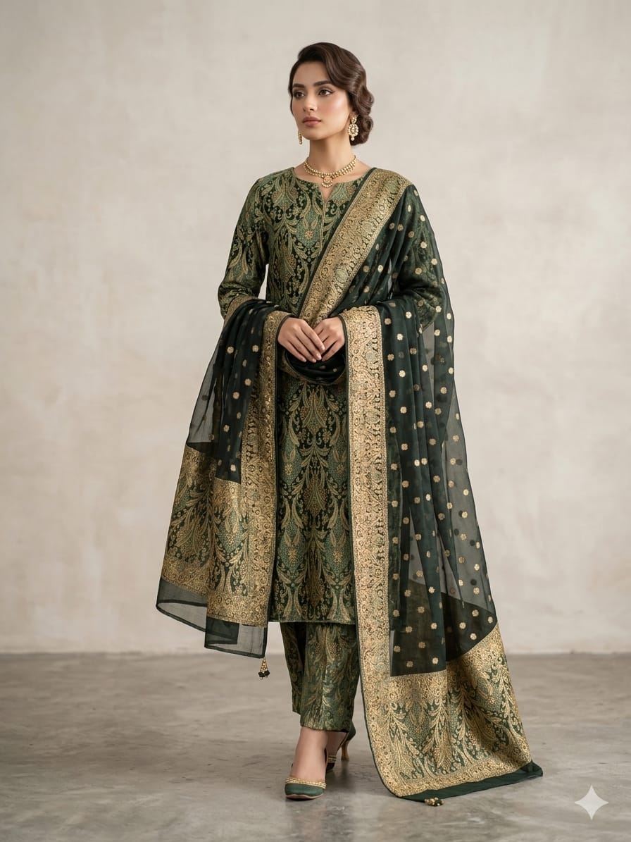 Two-Piece Ladies Suit - Atlas Shirt with Chiffon Crinkle Dupatta