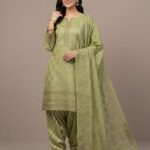 Three Piece Patyala Lawn Suit – Jamawar Style Lawn (Green)