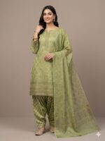 Three Piece Patyala Lawn Suit – Jamawar Style Lawn (Green)