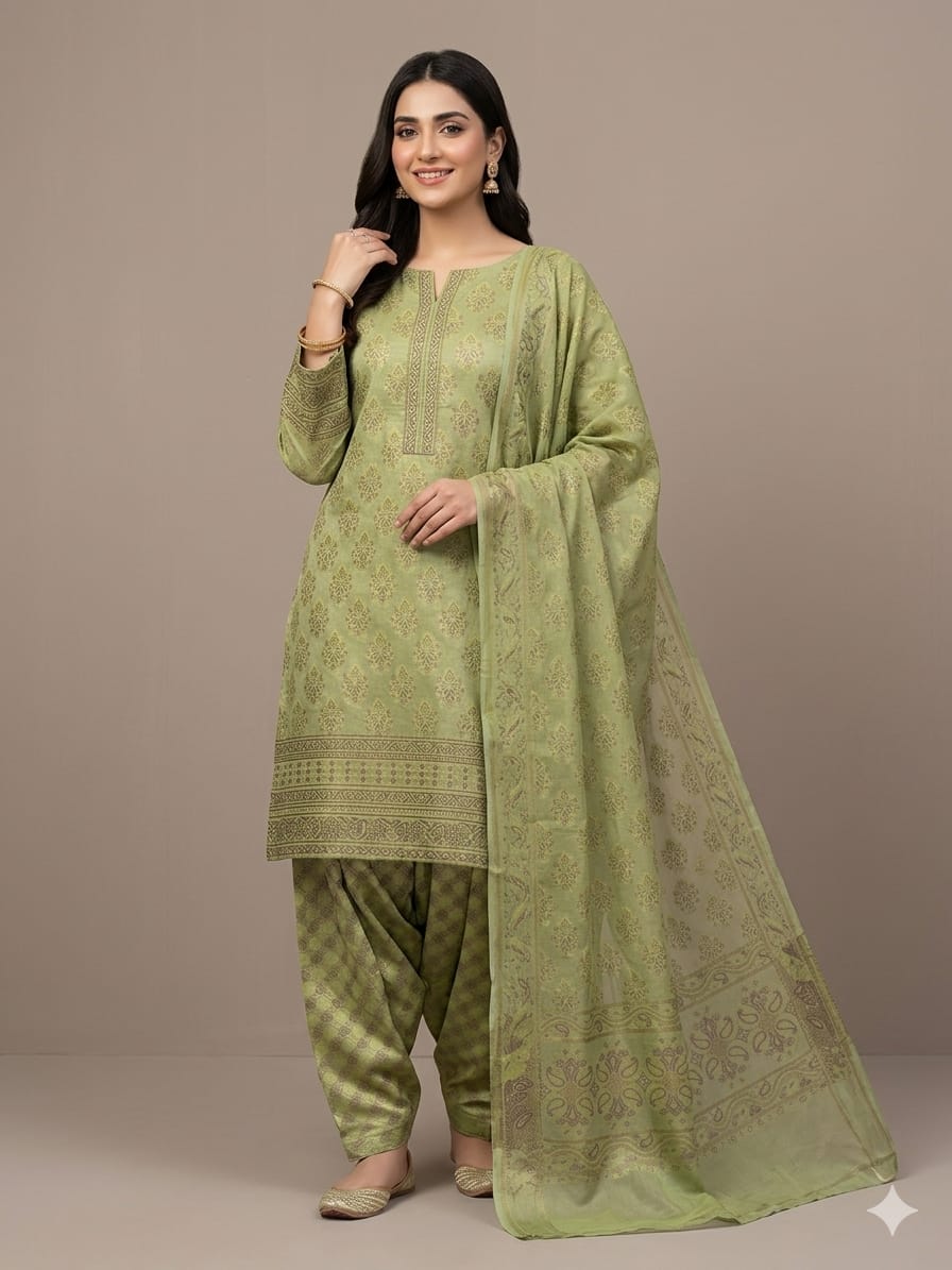 Lawn Suits Green Model Three Piece Patyala Lawn Suit – Jamawar Style Lawn (Green) - Image 1