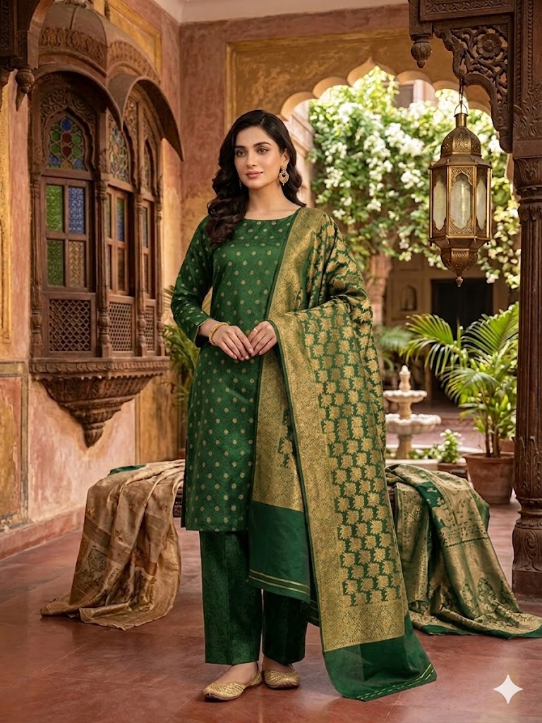 Three Piece Suit - Atlas and Jamawar Three Piece Suit – Atlas Shall with Jamawar Shirt & Trouser (Green) - Image 1