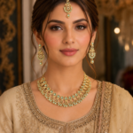 Necklace set with Earring and Matha Patti (Gold Platted-Spiral – Green)