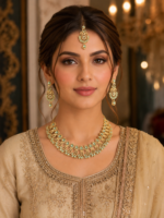 Necklace set with Earring and Matha Patti (Gold Platted-Spiral – Green)