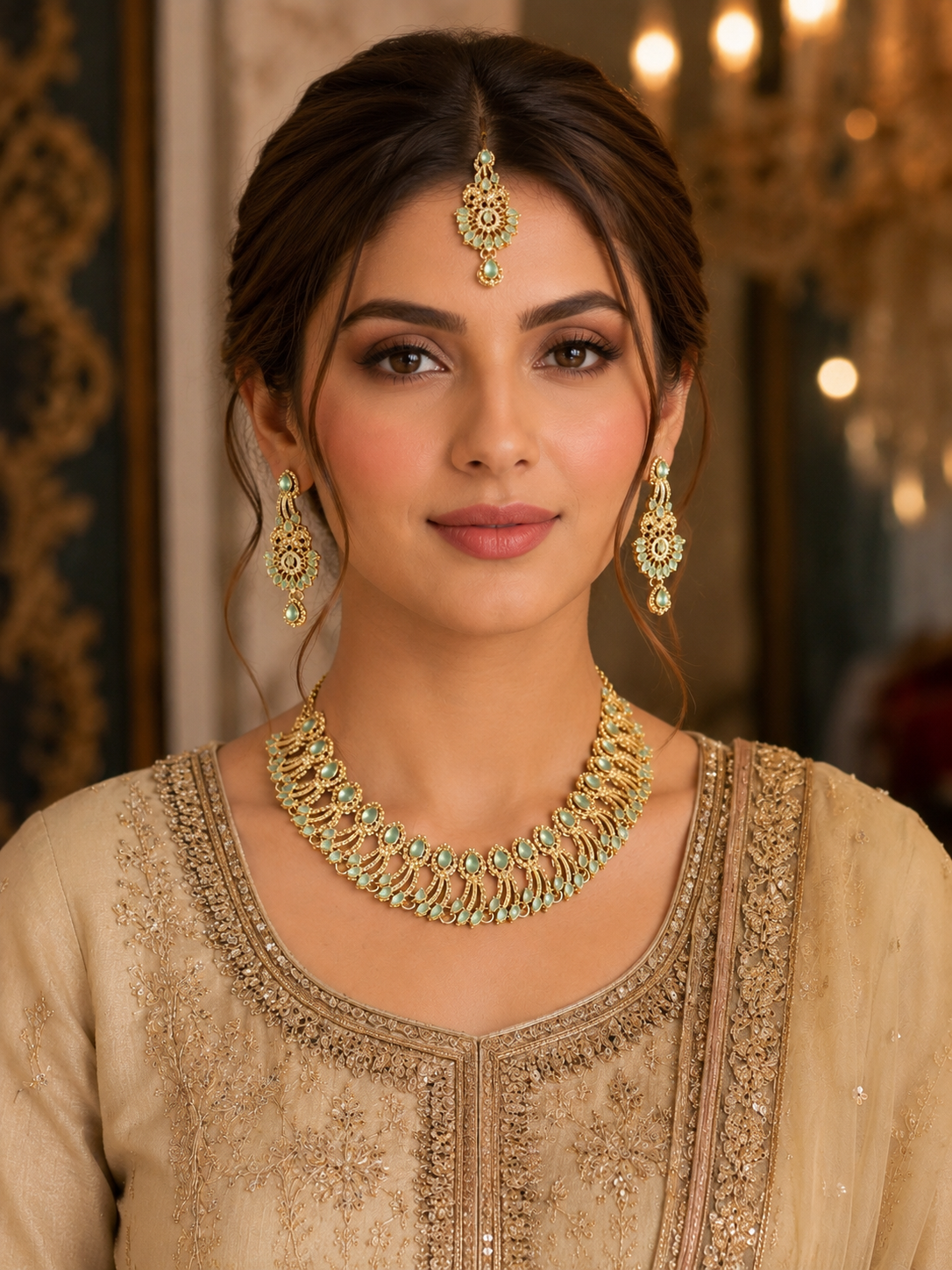Green-Set-Model Necklace set with Earring and Matha Patti (Gold Platted-Spiral – Green) - Image 1