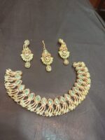 Necklace set with Earring and Matha Patti (Gold Platted-Spiral – Green) - Image 2