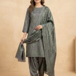 Three Piece Patyala Lawn Suit – Jamawar Style Lawn (Green&Blue)