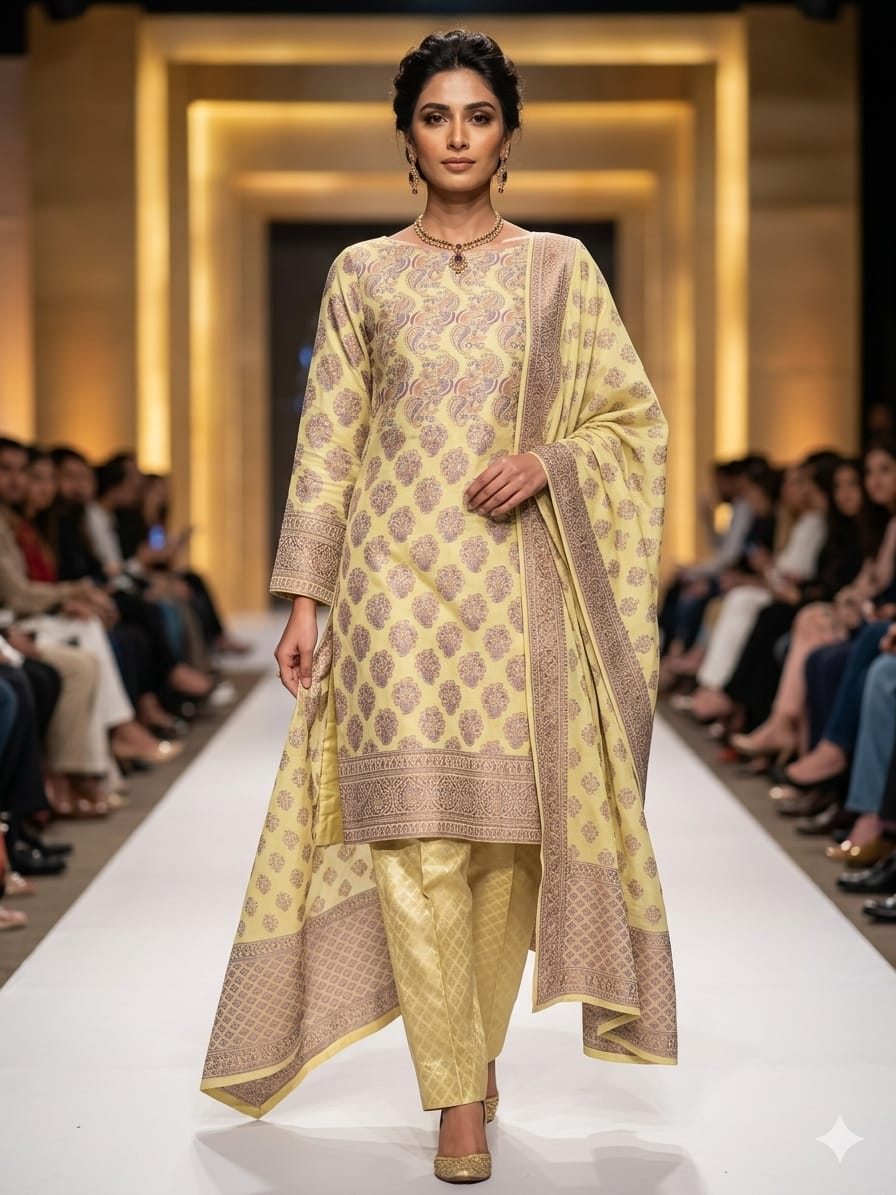 Light-Green Model Three Piece Patyala Lawn Suit – Jamawar Style Lawn (Light Green) - Image 1