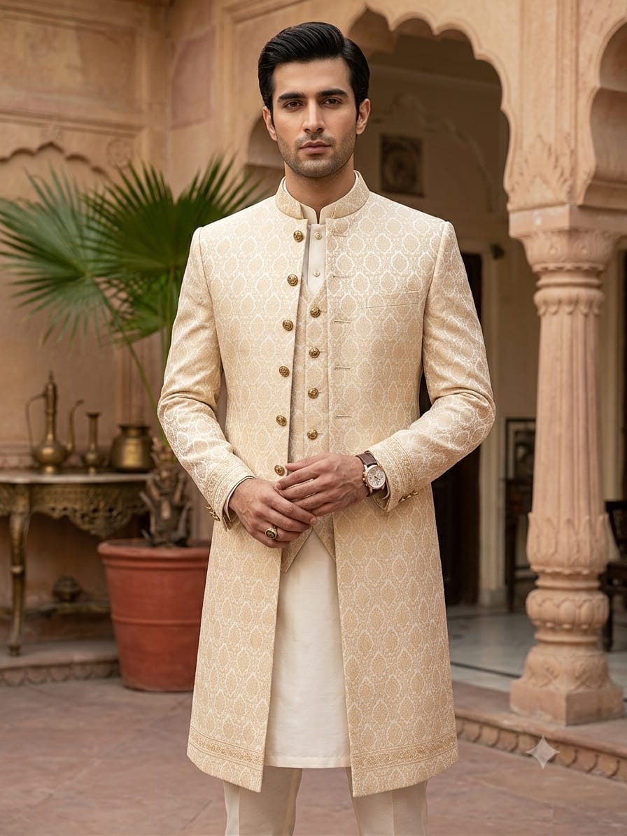 Model-Shairwani Embroidery Jacquard Cloth for Sherwani (Offwhite) - Image 1
