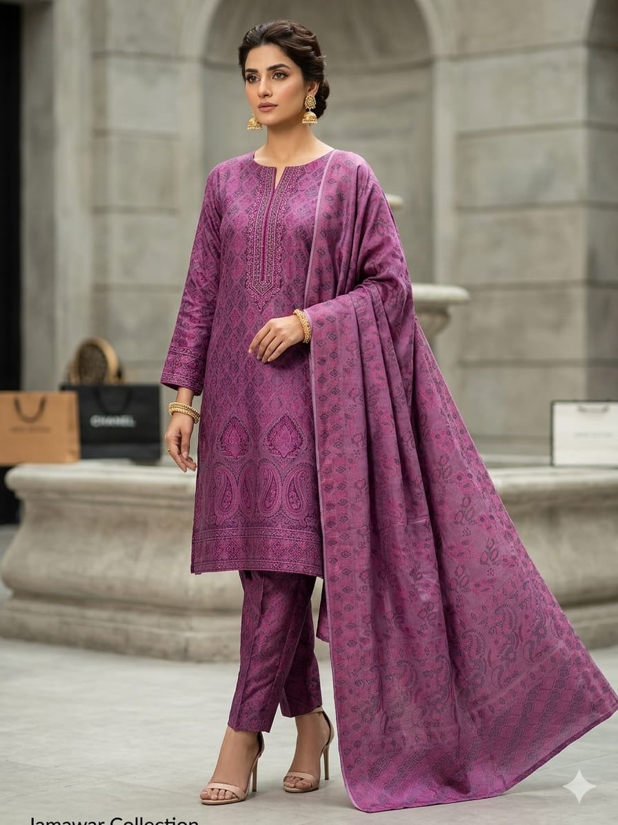 Patyala Lawn - Purple-Model Three Piece Patyala Lawn Suit – Jamawar Style Lawn (Purple) - Image 1