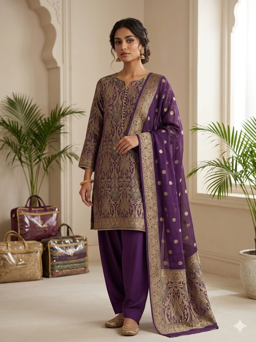 Atlas & Chifoon Krinkle Two-Piece Ladies Suit – Atlas Shirt with Chiffon Crinkle Dupatta (Purple) - Image 1