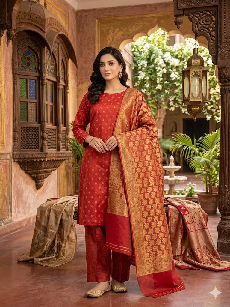 Three Piece - Atlas & Jamwar Suit Three Piece Suit - Atlas Shall with Jamawar Shirt & Trouser (RED) - Image 1