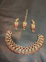 Necklace set with Earring and Matha Patti (Gold Platted-Spiral – Red) - Image 2