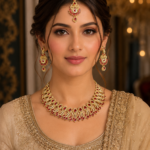 Necklace set with Earring and Matha Patti (Gold Platted-Spiral – Red)