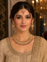 Necklace set with Earring and Matha Patti (Gold Platted-Spiral – Red)
