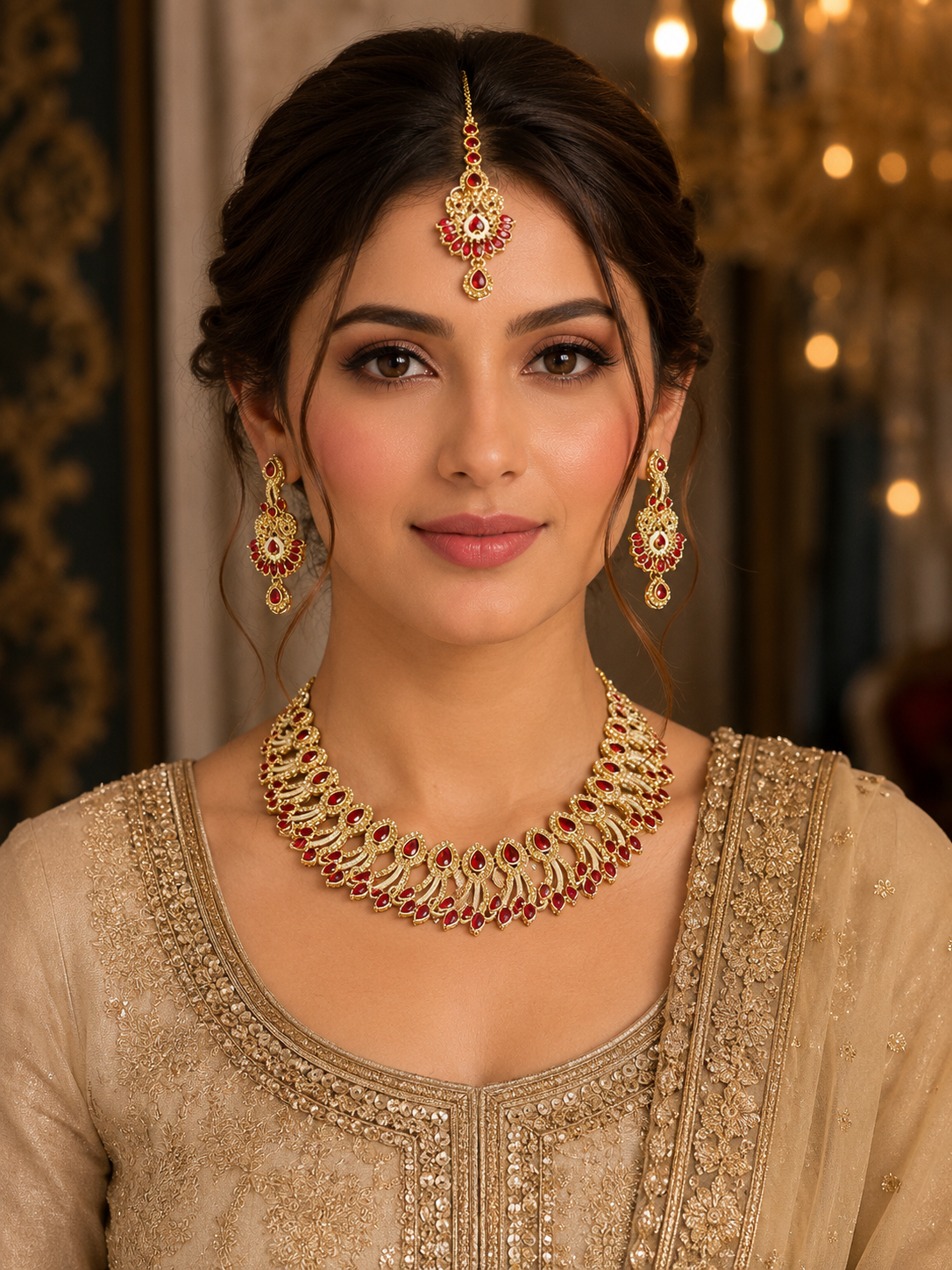 Red-set-model Necklace set with Earring and Matha Patti (Gold Platted-Spiral – Red) - Image 1