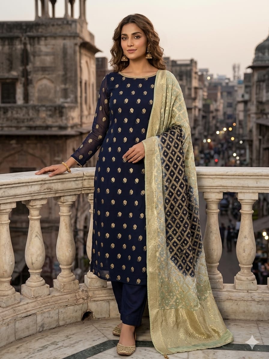 Chifon Crincle - Royal-Blue-Model Ladies Chunri Suit – Crinkle Chiffon Shirt & Dupatta (Royal Blue) - Image 1