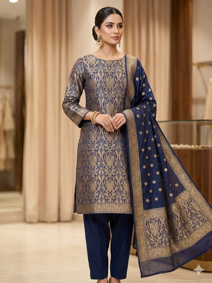 Two-Piece Ladies Suit – Atlas Shirt with Chiffon Crinkle Dupatta (Royal Blue)
