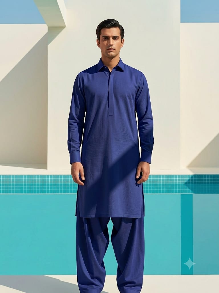 Royal Blue - Shalwar Qameez Rao Silk – Shalwar Qameez Unstitched Cloth (Royal Blue) - Image 1