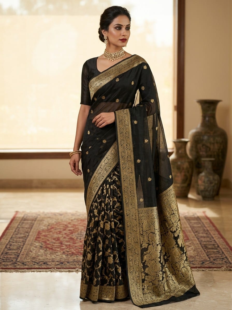 Pure Chiffon Banarsi Saree Banarsi Saree - Pure Chiffon Banarasi with AM Gold Zari Work (Black) - Image 1