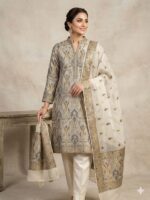 Two-Piece Ladies Suit – Atlas Shirt with Chiffon Crinkle Dupatta (White)