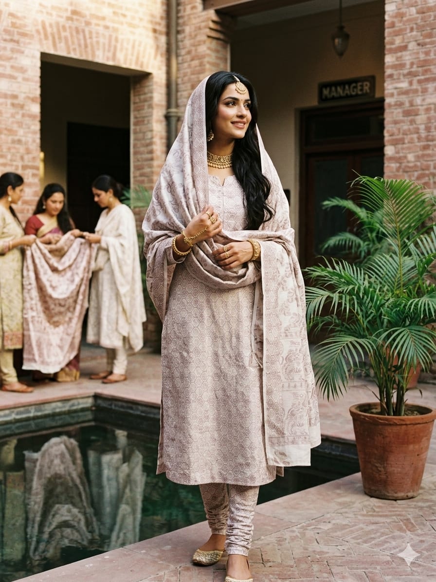 Patyala Lawn - White-Model Three Piece Patyala Lawn Suit – Jamawar Style Lawn (white) - Image 1