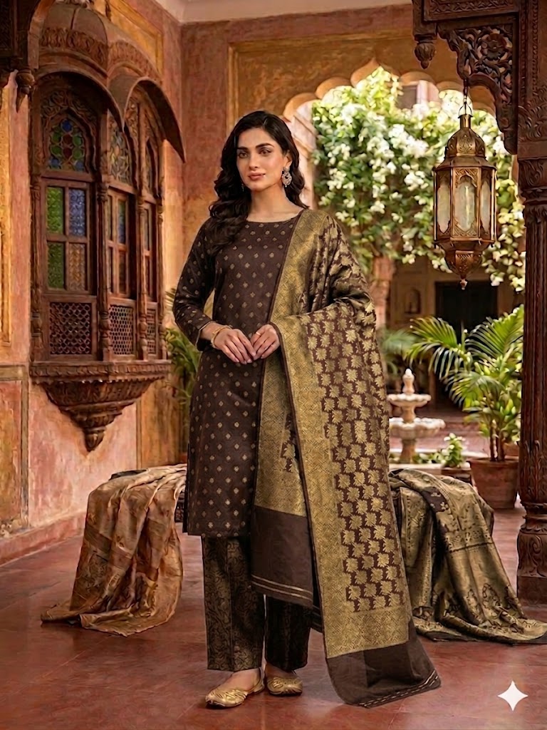 Three Piece Suit - Atlas & Jamawar Three Piece Suit – Atlas Shall with Jamawar Shirt & Trouser (Brown) - Image 1