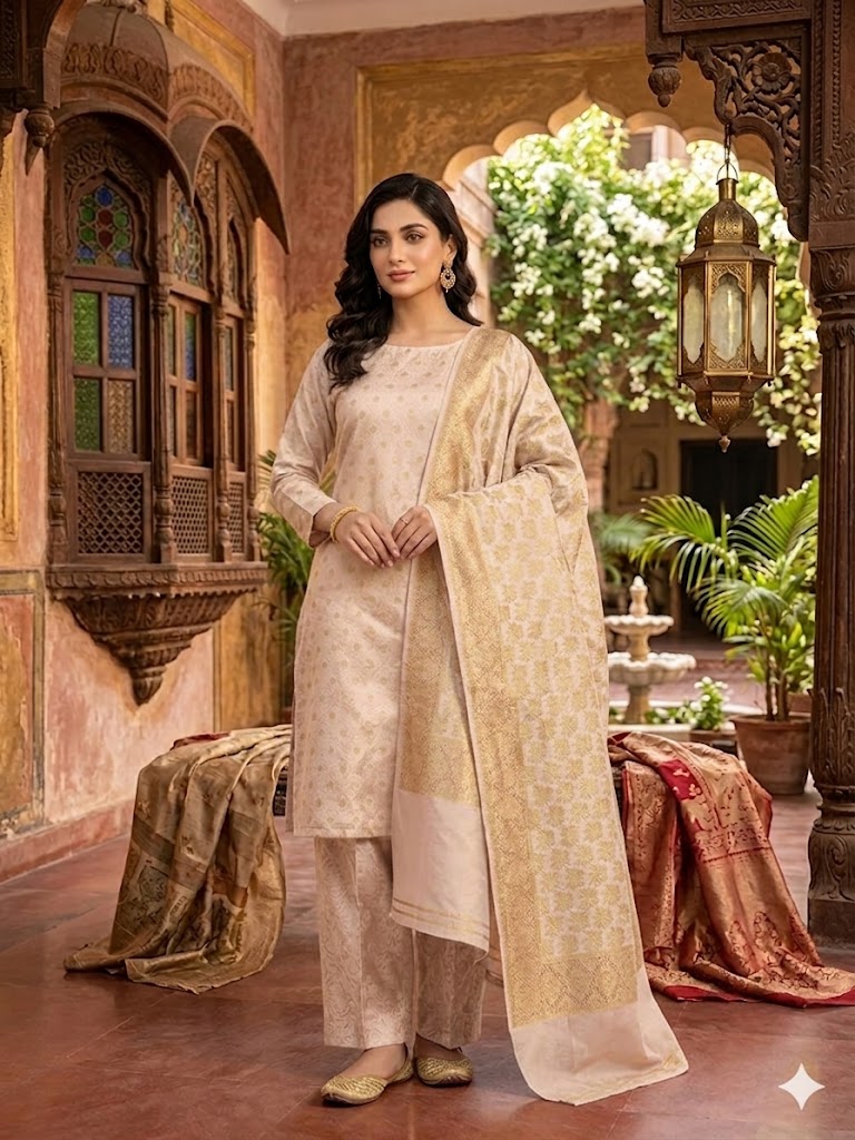 Three Piece Suit - Atlas and Jamawar Three Piece Suit – Atlas Shall with Jamawar Shirt & Trouser (Pink) - Image 1